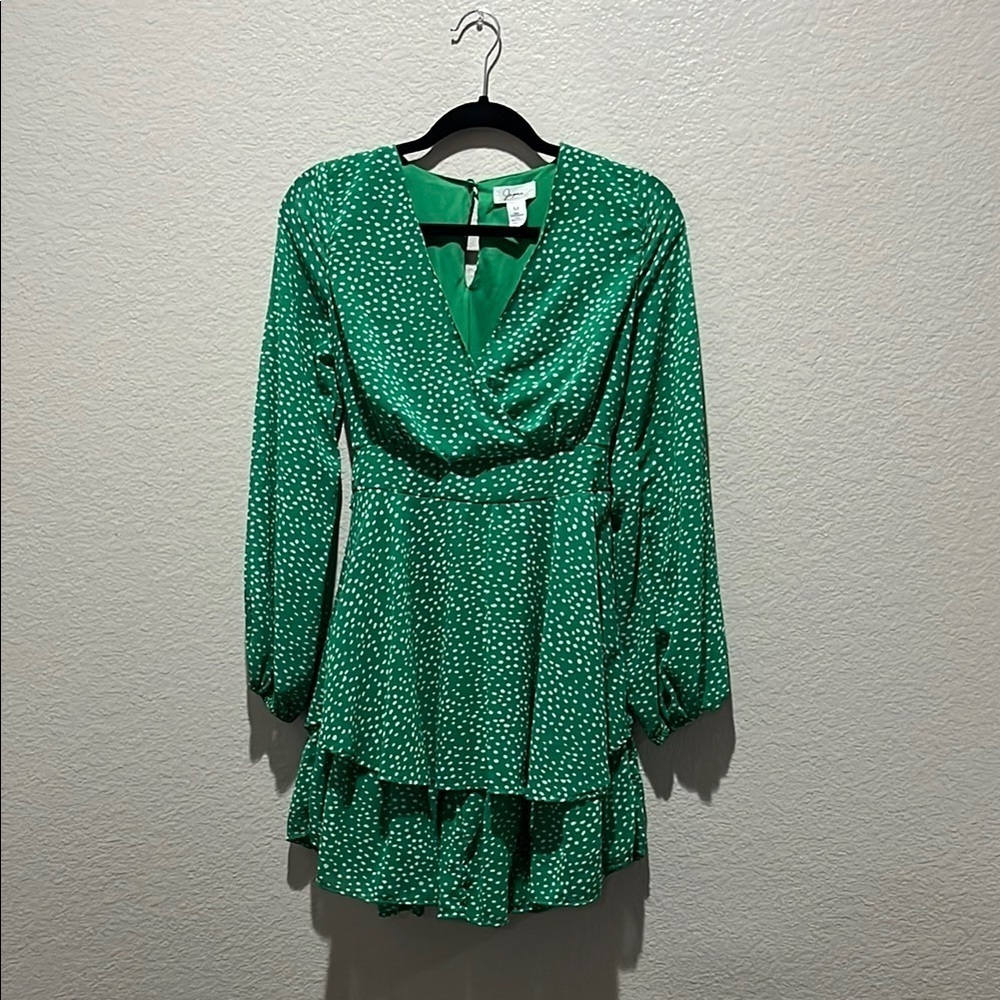 Japna | Green Dress White Polka Dots Long Sleeve Ruffle Tiered Skirt Sz M TC0428